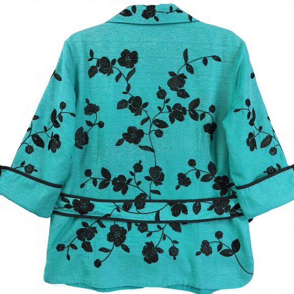 Silkland Embroidered Jacket Large Teal Green 100% Silk Floral Blazer Belted - Picture 8 of 10